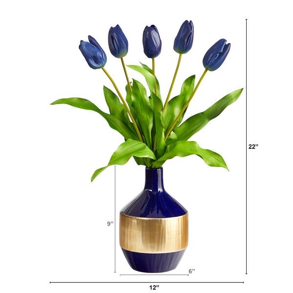 22" Dutch Tulip Artificial Arrangement in Blue and Gold Designer Vase